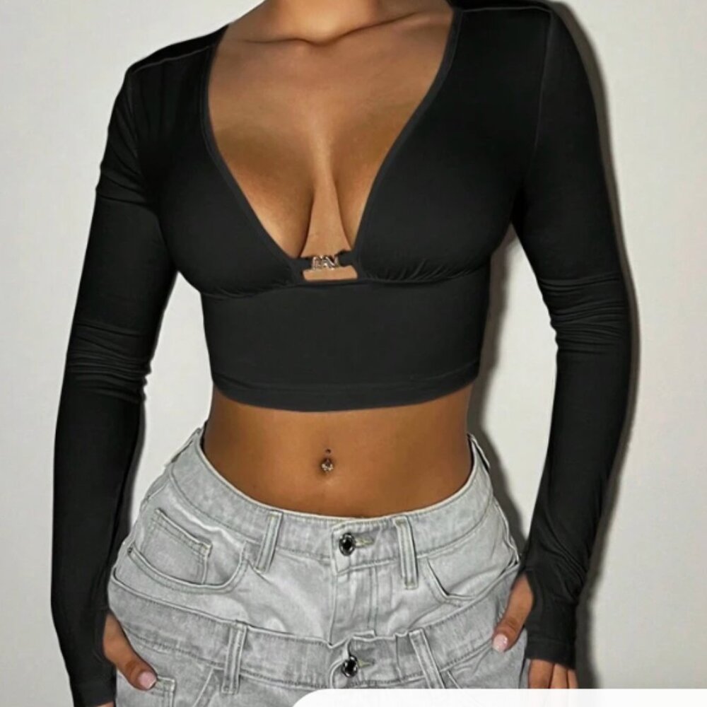 Long-Sleeve Backless Deep V Top